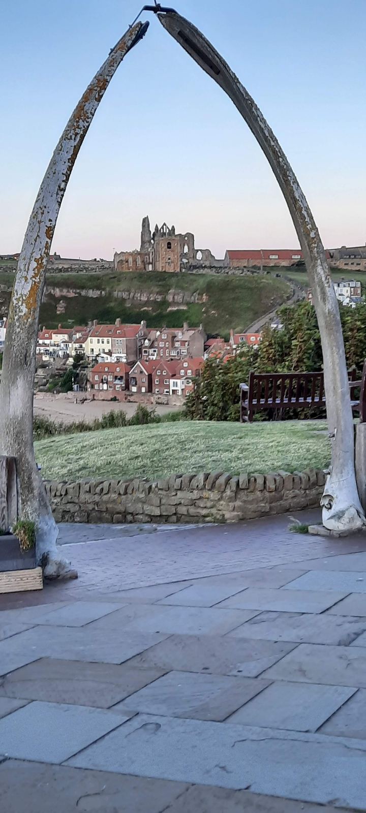 The whalebone arch on Whitby's West Cliff, looking across to the abbey